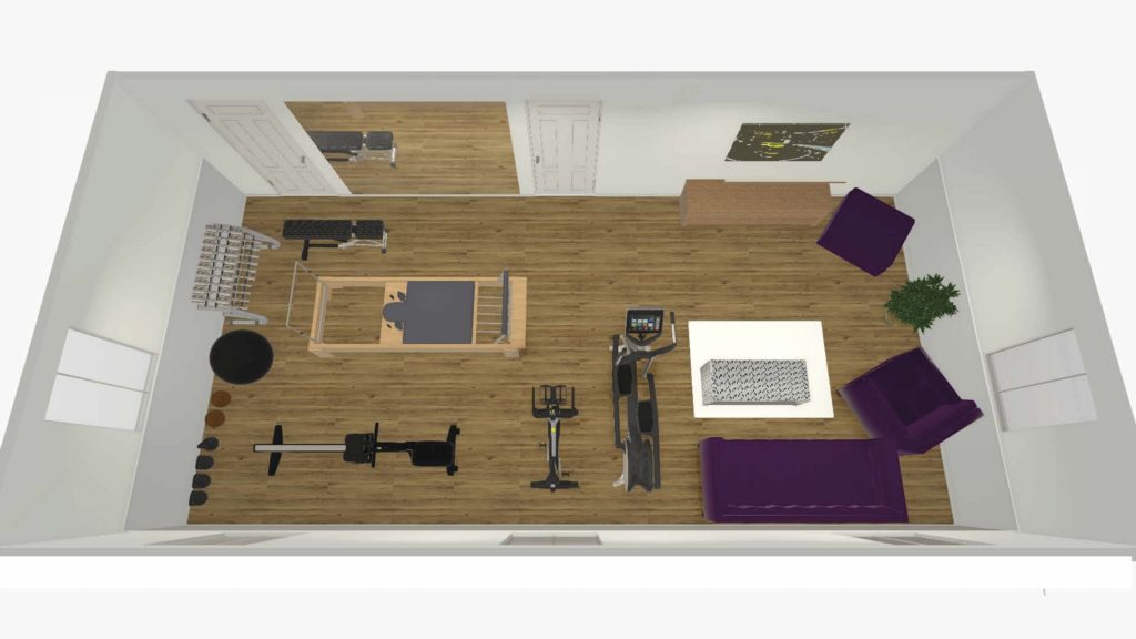 Aerial image of gym equipment laid out in home gym 